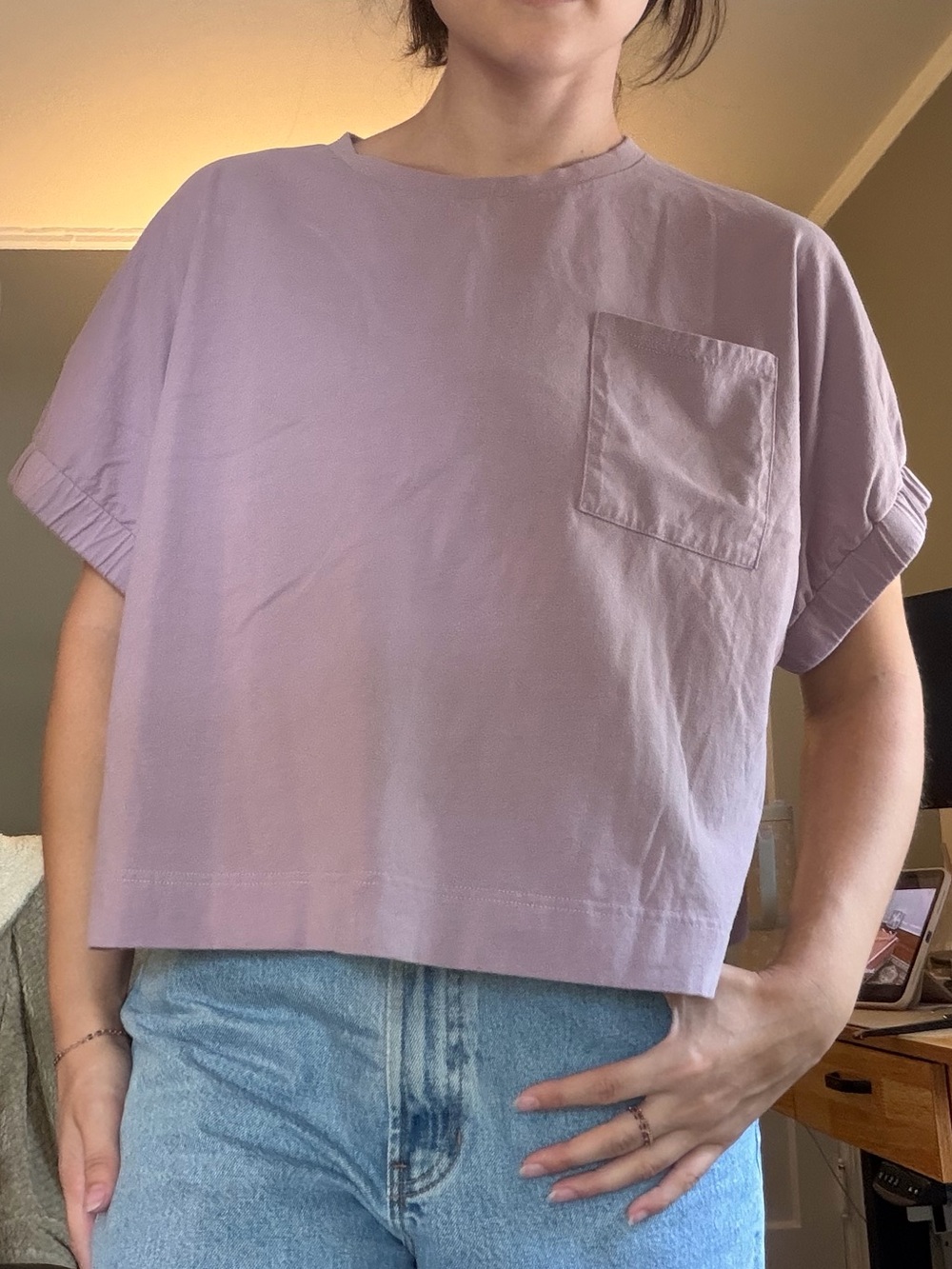 100% Cotton Relaxed Fit Boxy Pocket Tee in Color Lavender